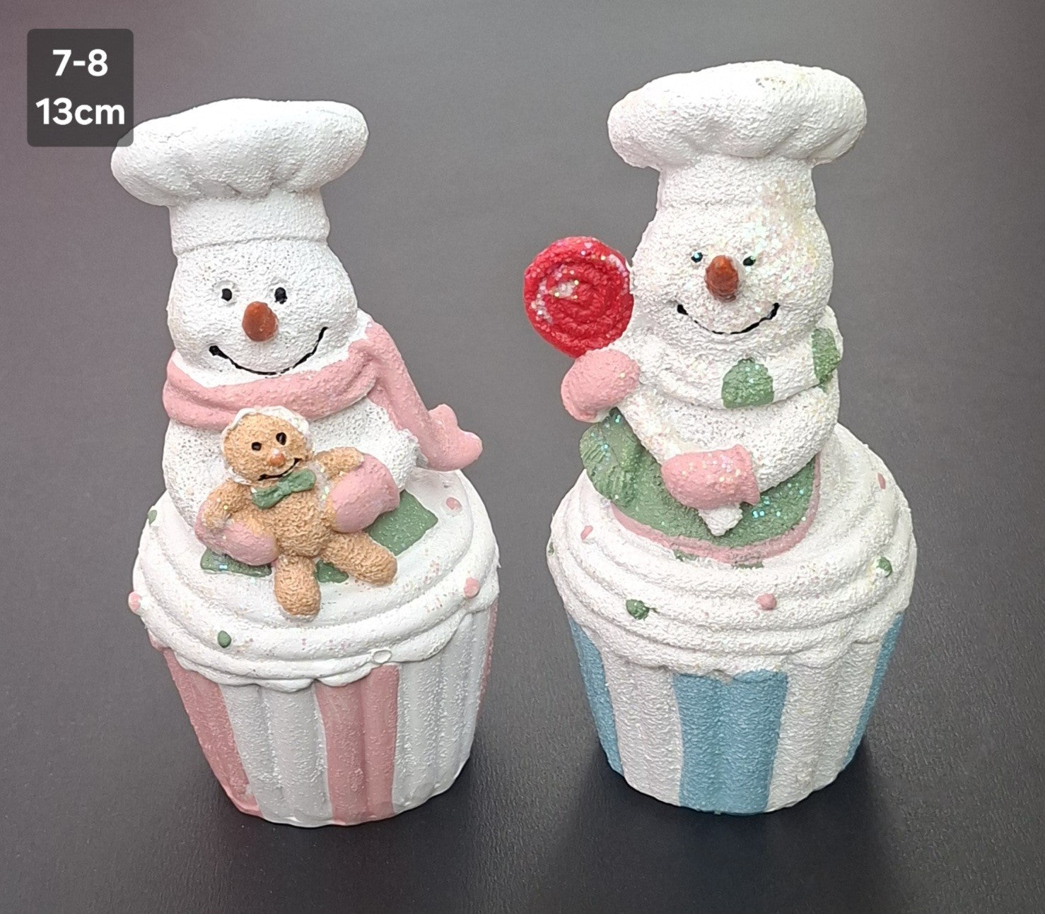 Set 2 Figurine Decorative de Crăciun din Ceramică – Oameni de Zăpadă pe Brioșe, cu Căciulițe de Bucătar - 13cm